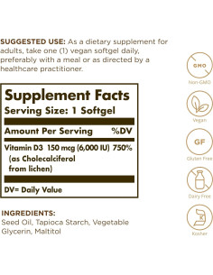 Vitamina D3 Vegana Solgar 150 mcg 100 Gelatinas Blandas 2