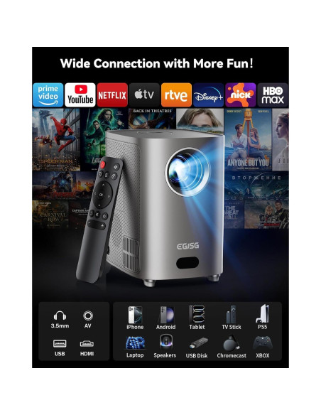 Proyector Full HD 1080P EGJSG con WiFi y Bluetooth, 300"