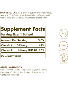 Aceite de Hígado de Bacalao Solgar 250 Gelatinas Blandas - Vitaminas A y D 2