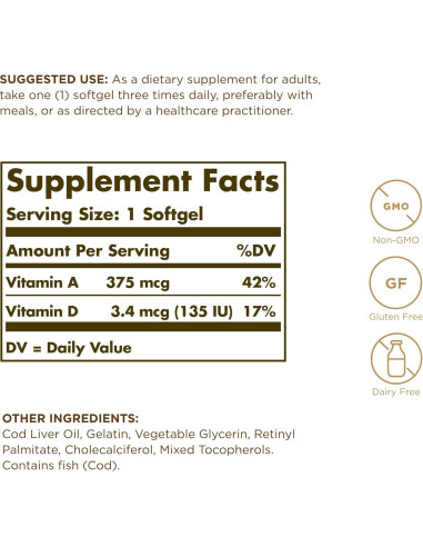 Aceite de Hígado de Bacalao Solgar 250 Gelatinas Blandas - Vitaminas A y D