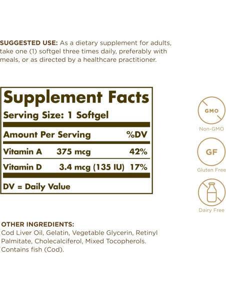 Aceite de Hígado de Bacalao Solgar 250 Gelatinas Blandas - Vitaminas A y D
