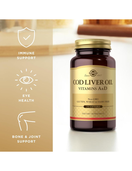 Aceite de Hígado de Bacalao Solgar 250 Gelatinas Blandas - Vitaminas A y D