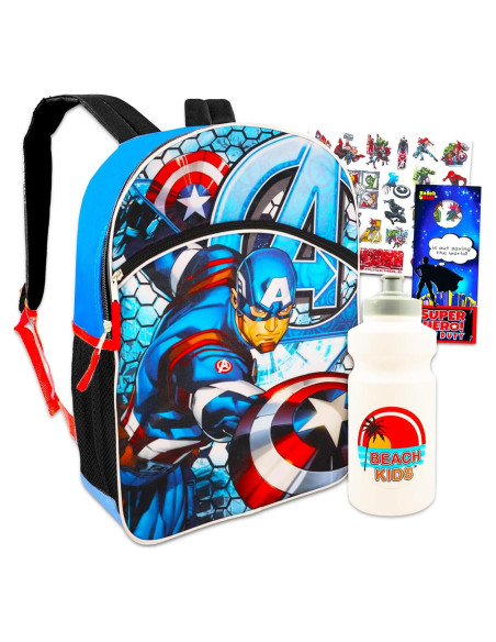 Mochila Escolar Capitán América 40.64 cm + Botella y Tatuajes