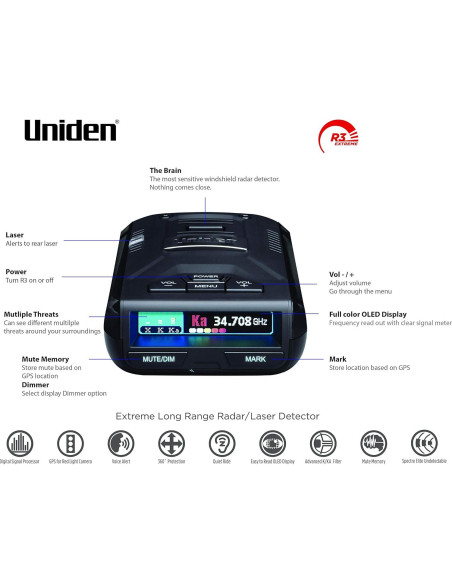 Detector de Radar Uniden R3 con GPS y Alertas de Voz