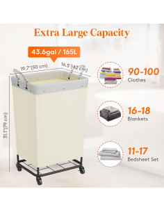 Cesta de Ropa Rodante Lifewit 165L Blanca con Ruedas 2