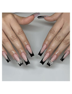 Uñas Postizas Extra Largas RUPOFUZA Punta Francesa Negra 24 Pcs