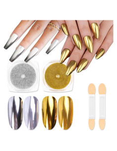 Kit de Polvo de Uñas Efecto Espejo Evpct 2 Pcs Dorado Plateado