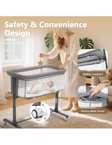 Cuna Kinder King Plegable para Bebés con Ruedas y Colchón Gris