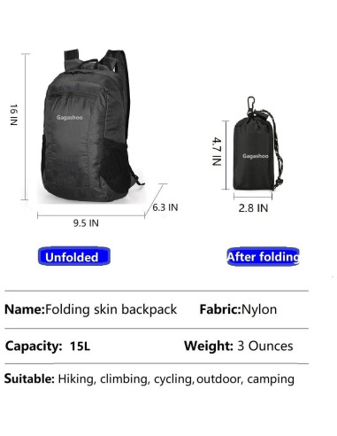 Mochila Plegable Gagashoo 15L Impermeable Negra para Senderismo