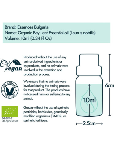 Aceite Esencial de Hoja de Laurel Orgánico Essences Bulgaria 10ml - 100% Puro