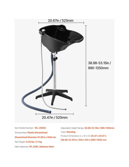 Lavabo de Champú Portátil VEVOR Ajustable con Ducha Negra