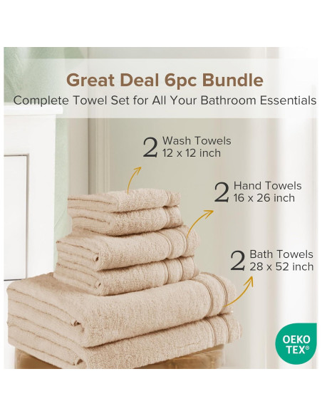 Conjunto de Toallas de Baño 6 Piezas Comfort Spaces 100% Algodón Beige