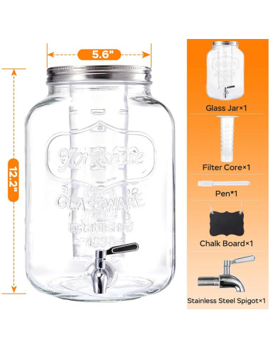 Dispensador de Bebidas de Vidrio JILLSKY 2 Galones con Grifo