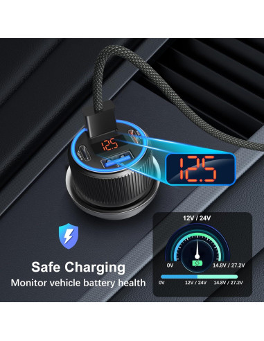 Cargador de Coche USB-C 65W 4 Puertos con Voltímetro - Negro