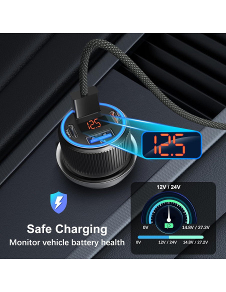 Cargador de Coche USB-C 65W 4 Puertos con Voltímetro - Negro