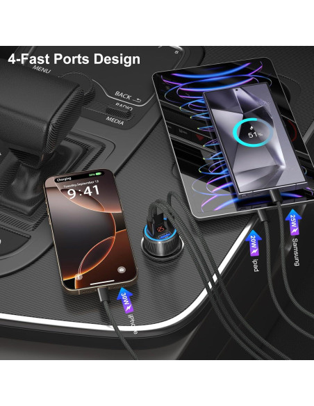 Cargador de Coche USB-C 65W 4 Puertos con Voltímetro - Negro