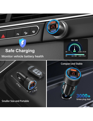 Cargador de Coche USB-C 65W 4 Puertos con Voltímetro - Negro