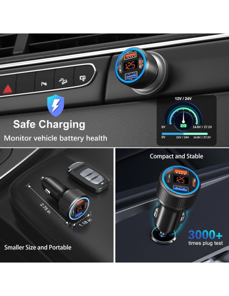 Cargador de Coche USB-C 65W 4 Puertos con Voltímetro - Negro