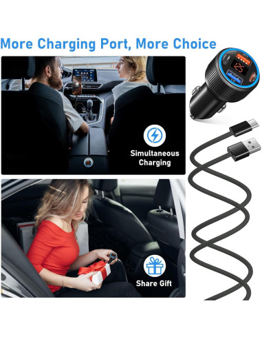 Cargador de Coche USB-C 65W 4 Puertos con Voltímetro - Negro