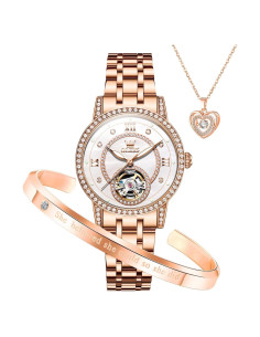 Reloj Automático OLEVS para Mujeres Esqueleto Diamante Oro Rosa