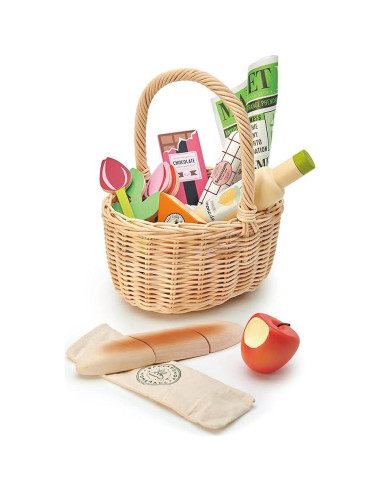 Cesta de Compras de Mimbre Tender Leaf Toys - Juego de Picnic 15 Piezas