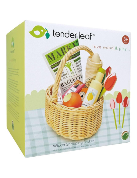 Cesta de Compras de Mimbre Tender Leaf Toys - Juego de Picnic 15 Piezas