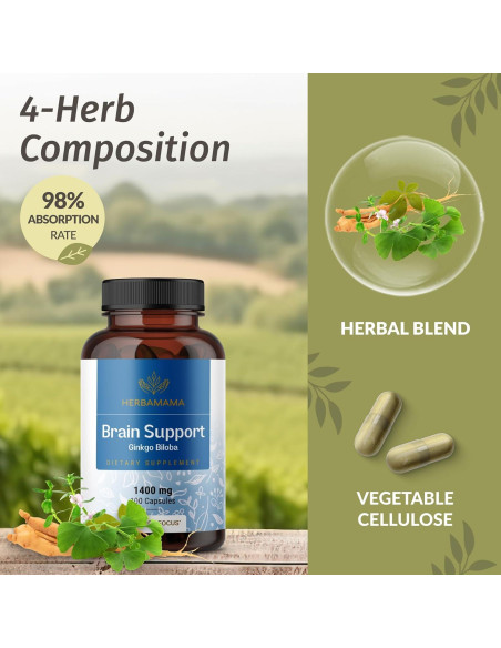 Cápsulas de Soporte Cerebral Herbamama 1400mg - 100 Veganas Cápsulas de Soporte Cerebral Herbamama 1400mg - 100 Veganas