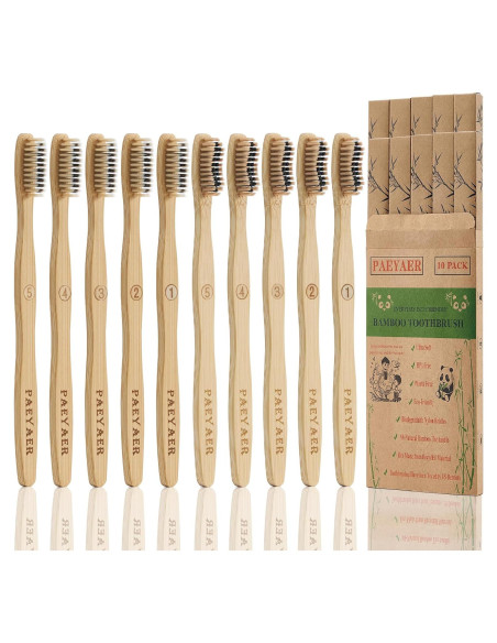 10 Cepillos de Dientes de Bambú Paeyaer Suave y Medio Ecológicos