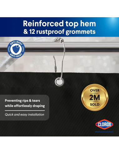 Cortina de Ducha CLOROX 2-en-1 Tela Impermeable 182x182cm Negro