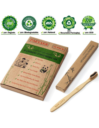 10 Cepillos de Dientes de Bambú Paeyaer Suave y Medio Ecológicos