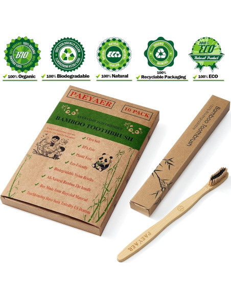 10 Cepillos de Dientes de Bambú Paeyaer Suave y Medio Ecológicos