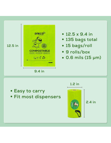 Bolsas Compostables ANECO para Excrementos de Perro - 135 Unidades