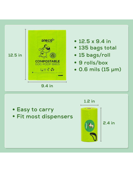 Bolsas Compostables ANECO para Excrementos de Perro - 135 Unidades