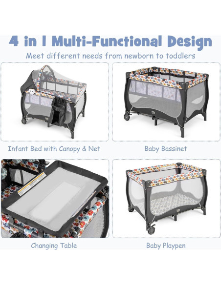 Cuna portátil 4 en 1 BABY JOY Elefante Colorido con dosel