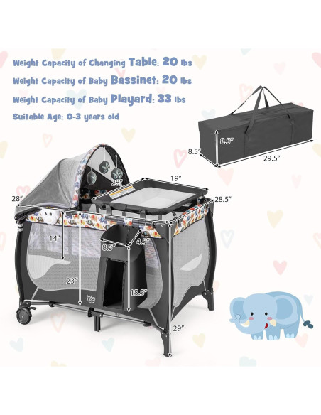 Cuna portátil 4 en 1 BABY JOY Elefante Colorido con dosel