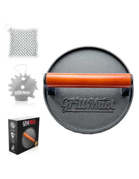 Conjunto de Prensa para Hamburguesas GrillMust 17.8cm Hierro Fundido