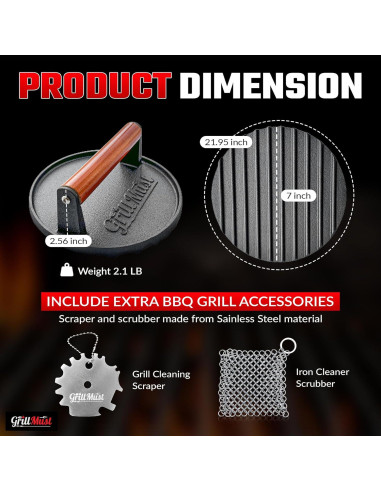 Conjunto de Prensa para Hamburguesas GrillMust 17.8cm Hierro Fundido