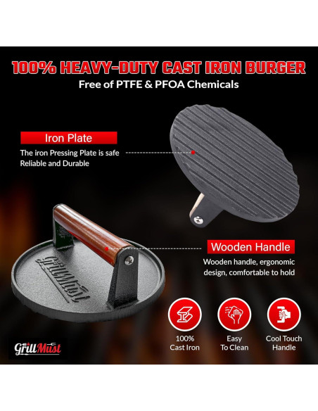 Conjunto de Prensa para Hamburguesas GrillMust 17.8cm Hierro Fundido