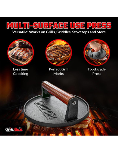 Conjunto de Prensa para Hamburguesas GrillMust 17.8cm Hierro Fundido