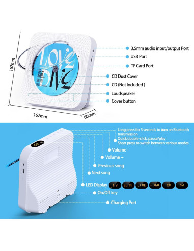Reproductor de CD MICOCIOUS KC-718 con Bluetooth y Radio FM