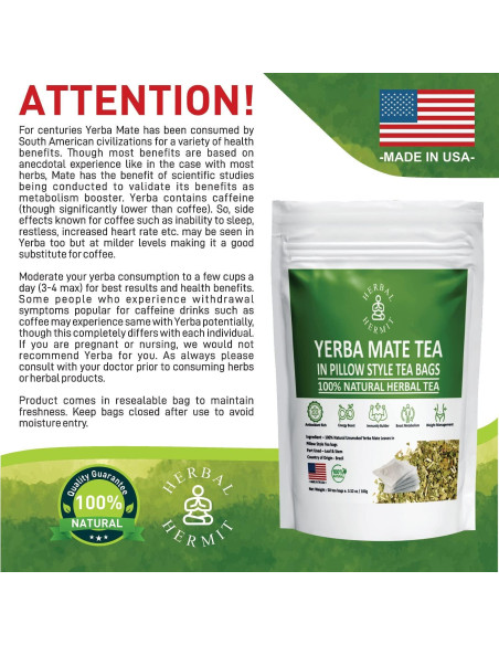Yerba Mate Herbal Hermit 50 Bolsas Té Natural Energético
