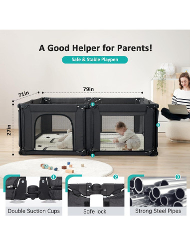 Parque Infantil Plegable Doradotey 200x180 cm Negro Ajustable