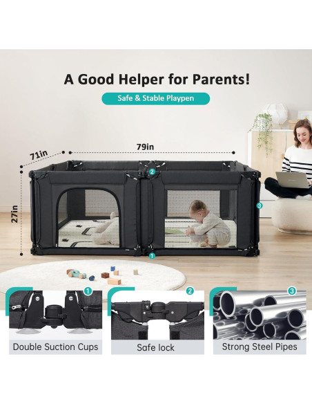 Parque Infantil Plegable Doradotey 200x180 cm Negro Ajustable