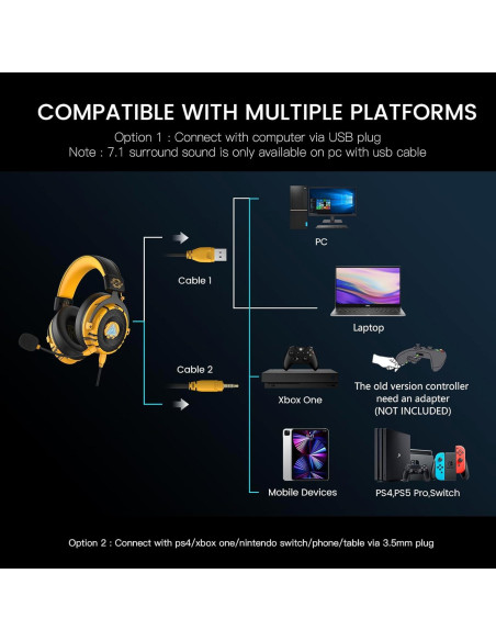 Auriculares Gaming EKSA E900 Pro 7.1 con Micrófono Amarillo Auriculares Gaming EKSA E900 Pro 7.1 con Micrófono Amarillo