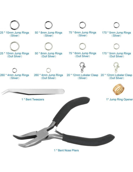 Anezus Kit de Anillas de Salto y Alicates 1200 Piezas Plata