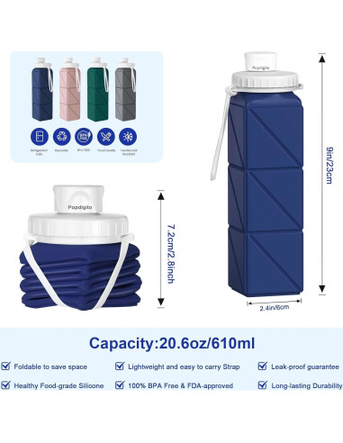 Botella de Agua Plegable Popdigito 610ml Silicona a Prueba de Fugas