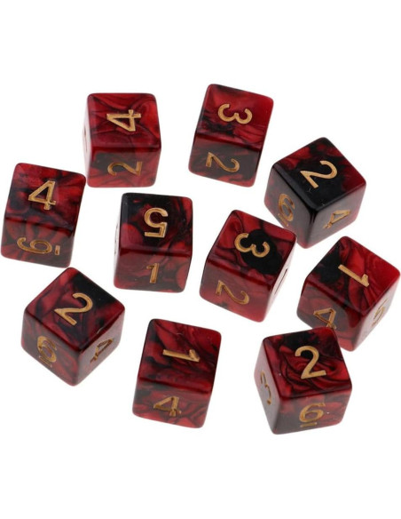 10 Dados Poliedricos D6 Acrílico 16mm Rojo Negro para RPG