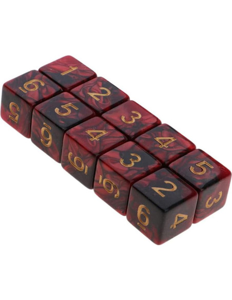 10 Dados Poliedricos D6 Acrílico 16mm Rojo Negro para RPG
