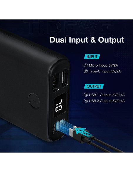 Batería Externa TIDEWE 10000mAh Cargador USB-C Doble Salida