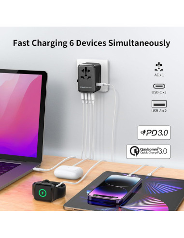 MOMAX Adaptador de Viaje Universal 70W 3 USB-C 2 USB-A